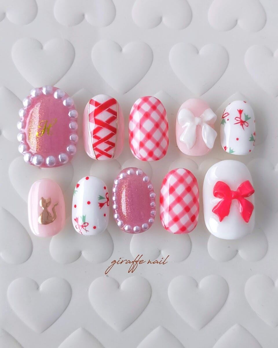 14))フレンチガーリー リボンネイル ピンク ぷっくりネイル ネイルチップ 14))フレンチガーリー リボンネイル ピンク ぷっくりネイル