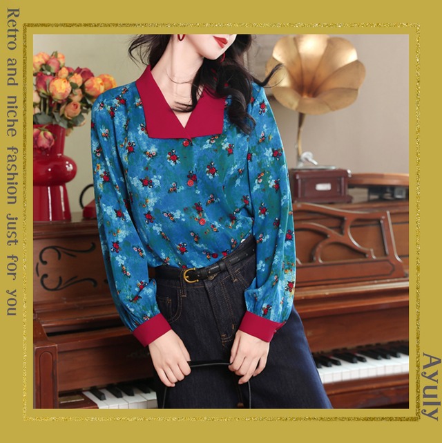 レトロカラーフラワープリントシャツ　25576