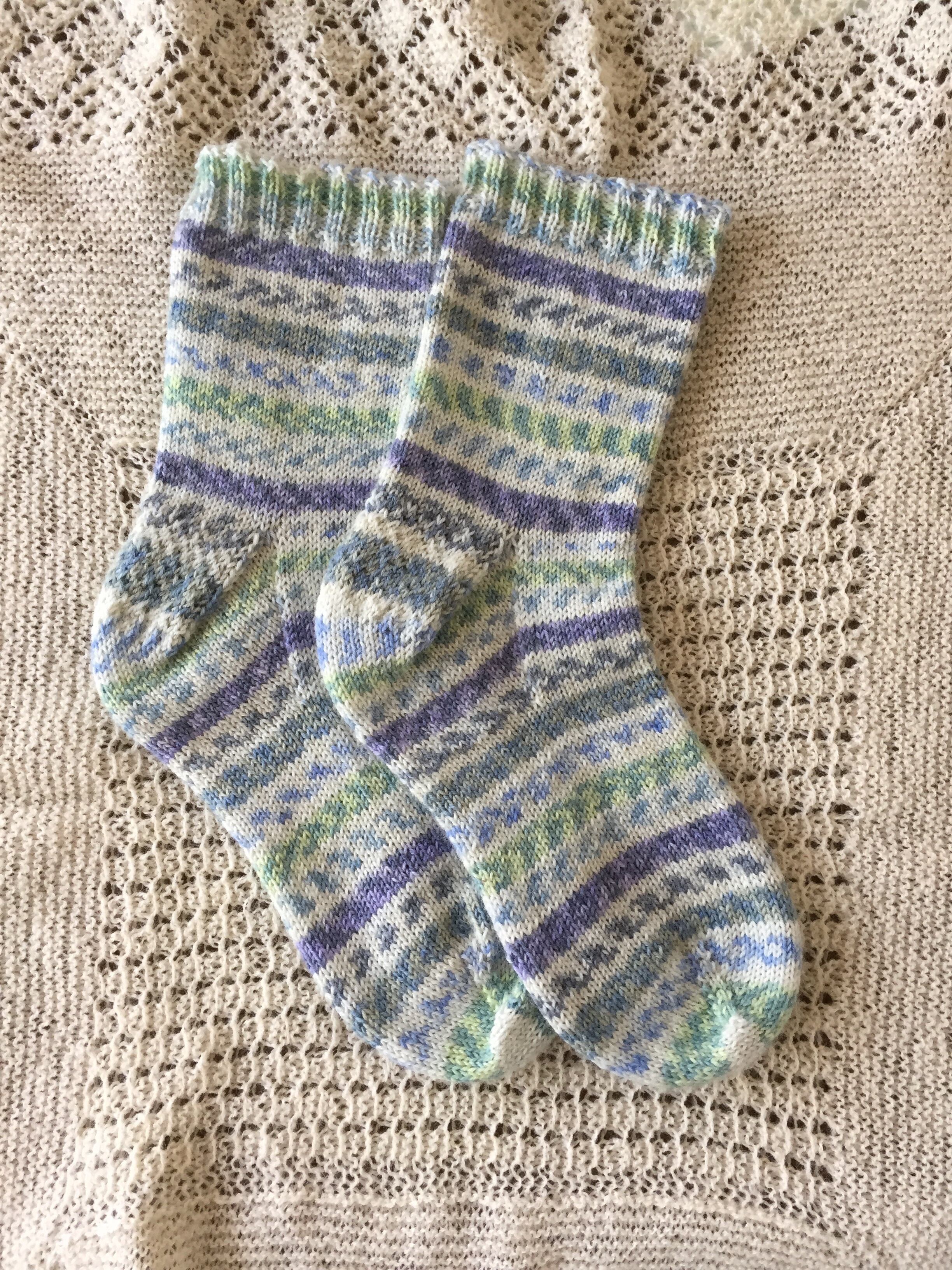 手編み靴下（10）水色×青×白