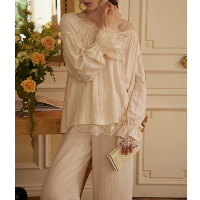 【2COLOR】【XS-XL】v-neck frill lace pullover style pajamas p1752