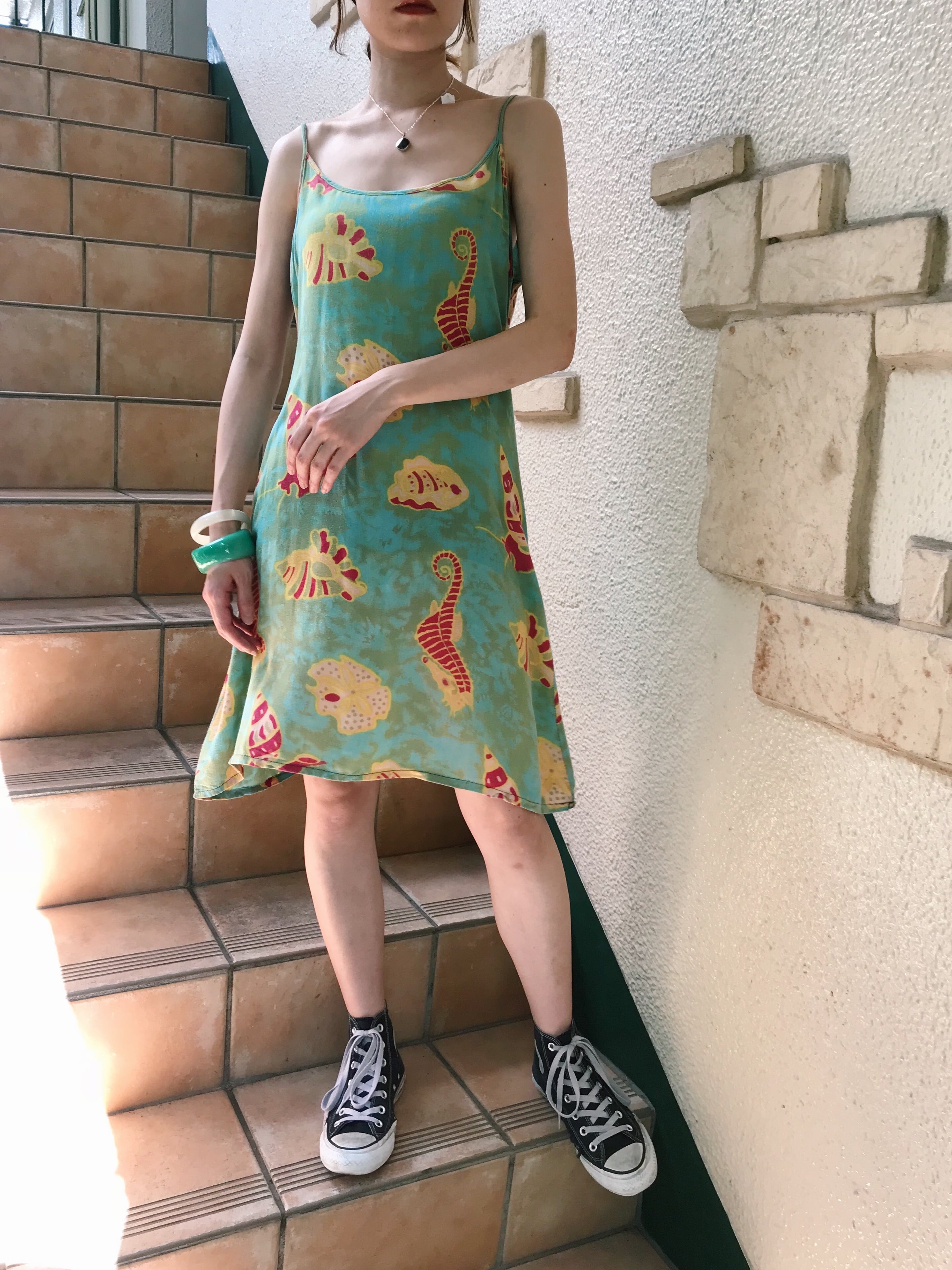 Vintage Khaki Sax Blun Shell Camisole Cotton Dress ヴィンテージ カーキ 水色 タツノオトシゴ シェル柄 コットン キャミソール ワンピース Riyad Vintage Shop