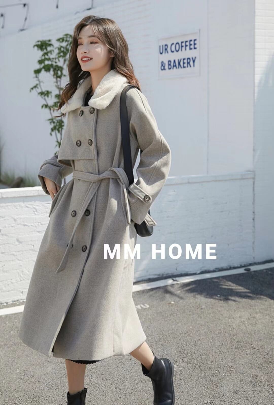 ウールブレンド ファー付き ロングコート AJ42441-6665