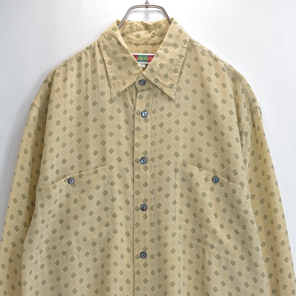 90s Helene DE MICHEL ヘレンドミッシェル シルクシャツ 長袖 総柄 小紋柄 レギュラーカラー シェルボタン クラシック ヴィンテージ ビンテージ 古着 メンズ L