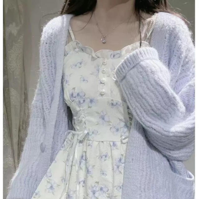 フローラル ワンピース カーディガン ２点セット パステルブルー 250409