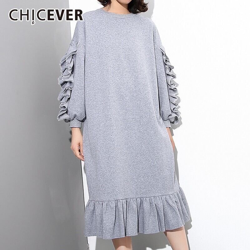 CHICEVERRufflsレディースドレスOネック長袖ルーズオーバーサイズミディドレスレディース秋 ロング オータム 秋物 6base589689992385