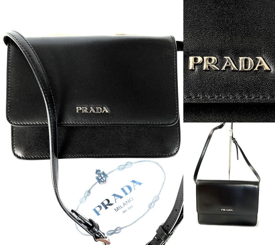 PRADA プラダ ミニ ショルダーバッグ ボックスカーフ レザー ポシェット BT1031 ブラック