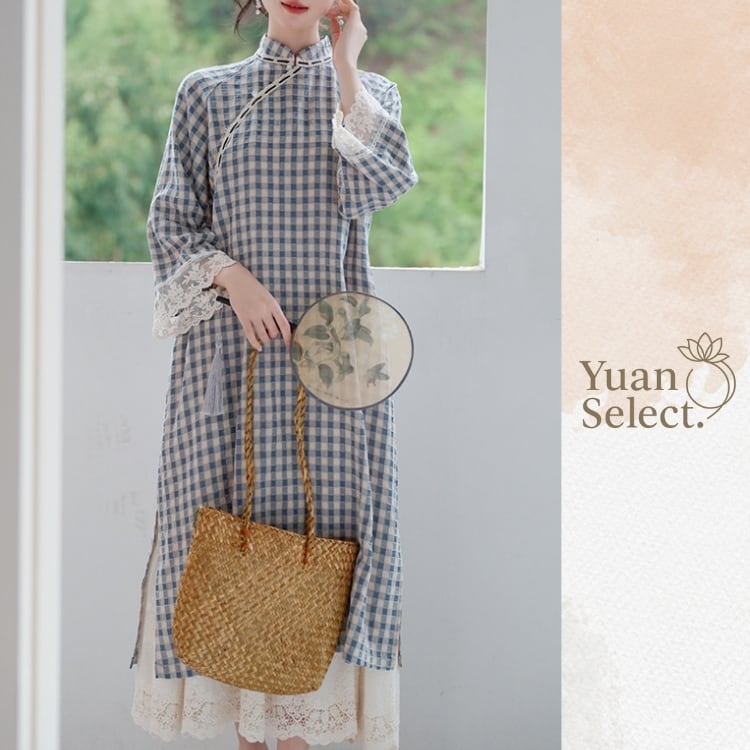 チェック旗袍ワンピース×レースペチコートセット　YS00160