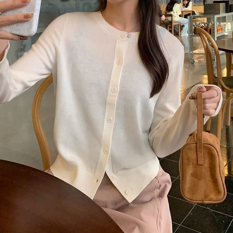 ボタンフロント 長袖 ショート丈 ニットカーディガン 3color ATO0207