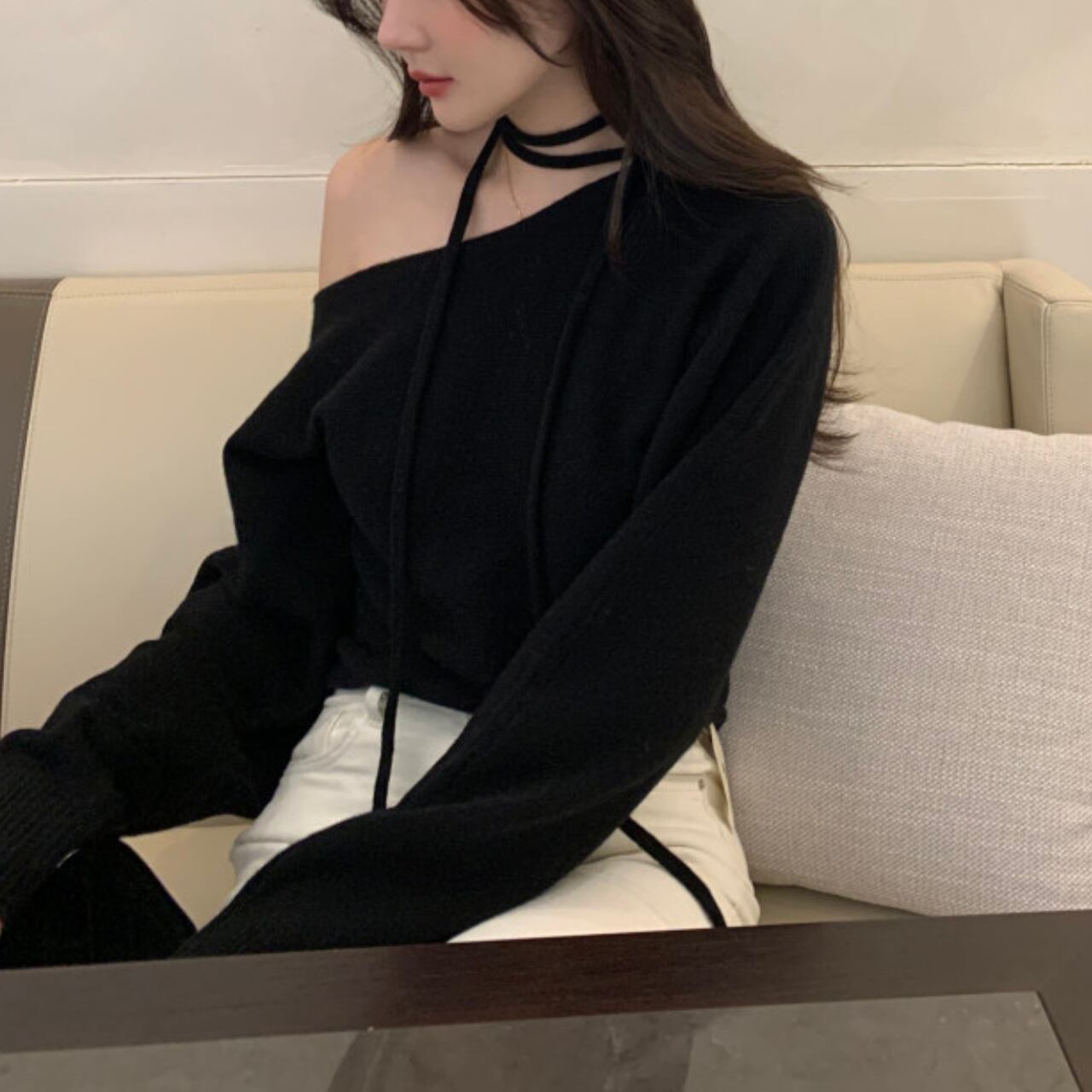 アシンメトリーネックライン ニットトップス A4473