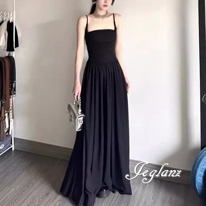 マキシ丈 キャミ ワンピース ブラックドレス きれいめ シンプル(M7299)ε