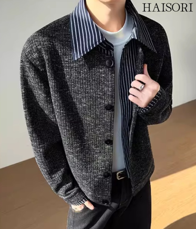 ストライプシャツレイヤード風・ツイードライク・フェイクツーピースジャケット