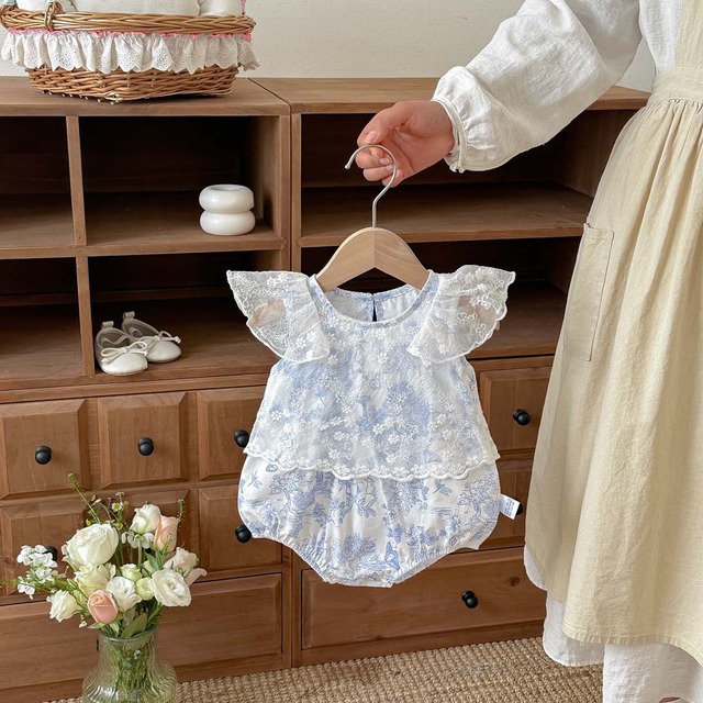 【BABY】水墨画風フラワーフリルレースロンパース - 4
