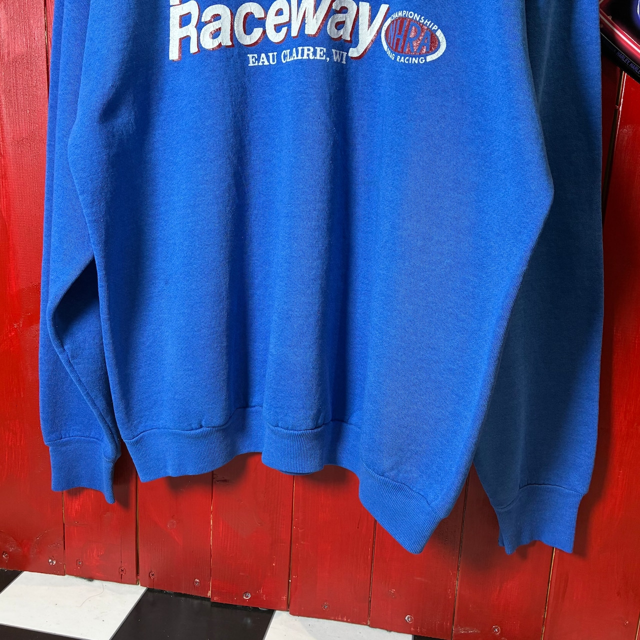 90s USA製 Fruit of the loom ラグランスウェット ドラッグレース NHRA 青