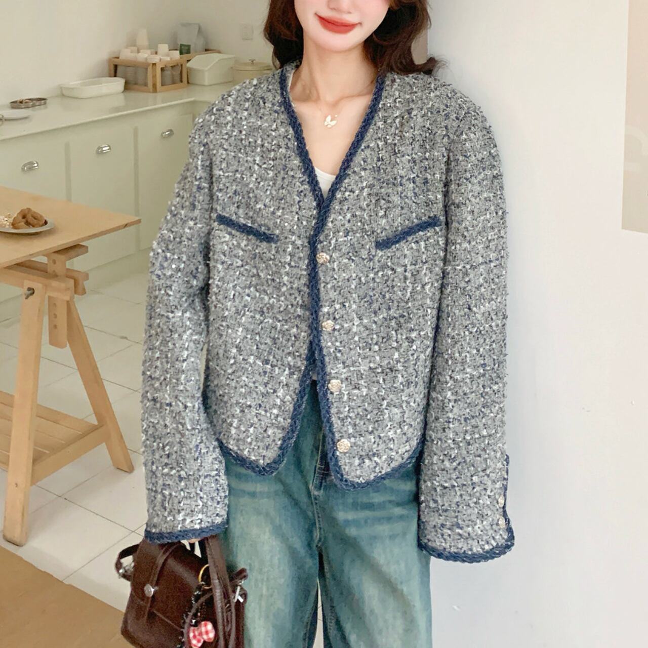 Piping mixed tweed jacket S1883