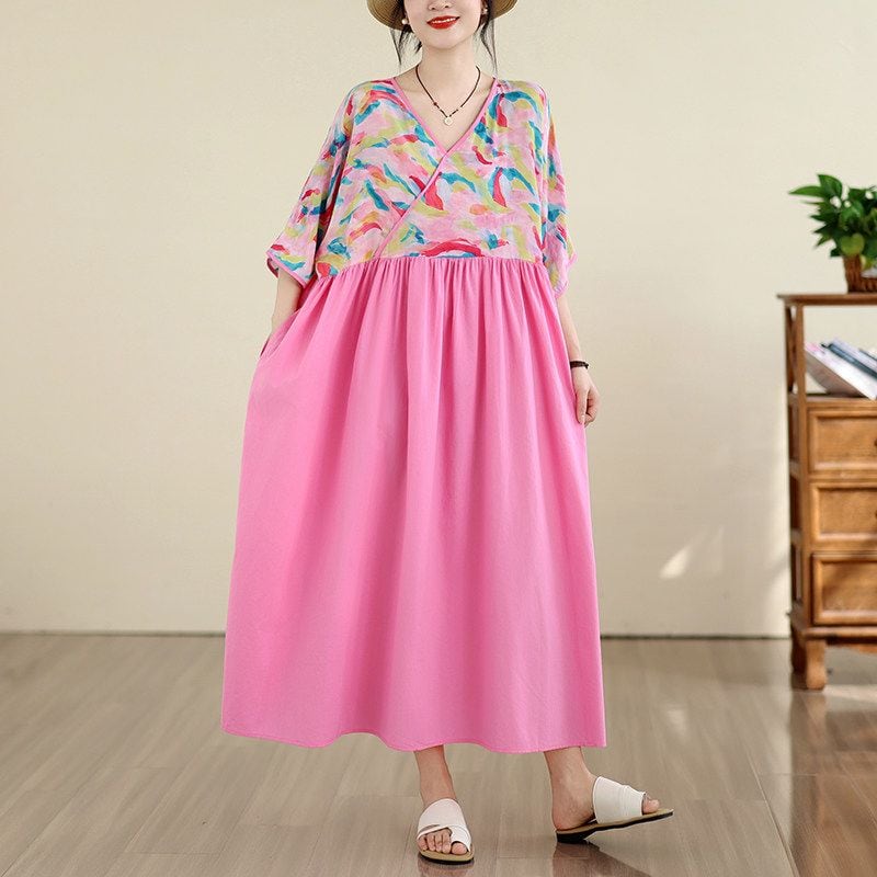 PRINT V-NECK RAGLAN SLEEVE LOOSE MIDI DRESS M-17669