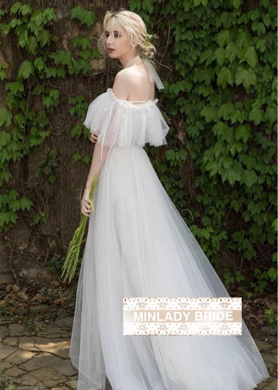 オフショルダー シャーリング ウェディングドレス | MINLADY BRIDE