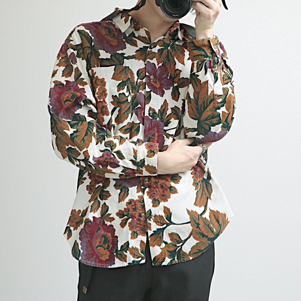 90s Eddie Bauer エディーバウアー ボタニカル 総柄 コーデュロイ シャツ 古着 used レディース