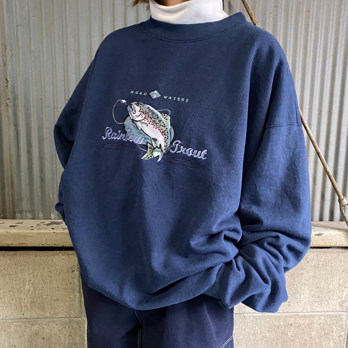 ビッグサイズ HEAD WATERS 魚 刺繍 スウェットシャツ トレーナー メンズXL 古着 大きいサイズ ネイビー【スウェット】【SW20】  cave 古着屋【公式】古着通販サイト