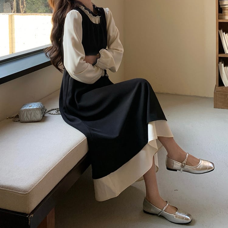 Black vest skirt & ruffle neck loose one-piece【2set】00057