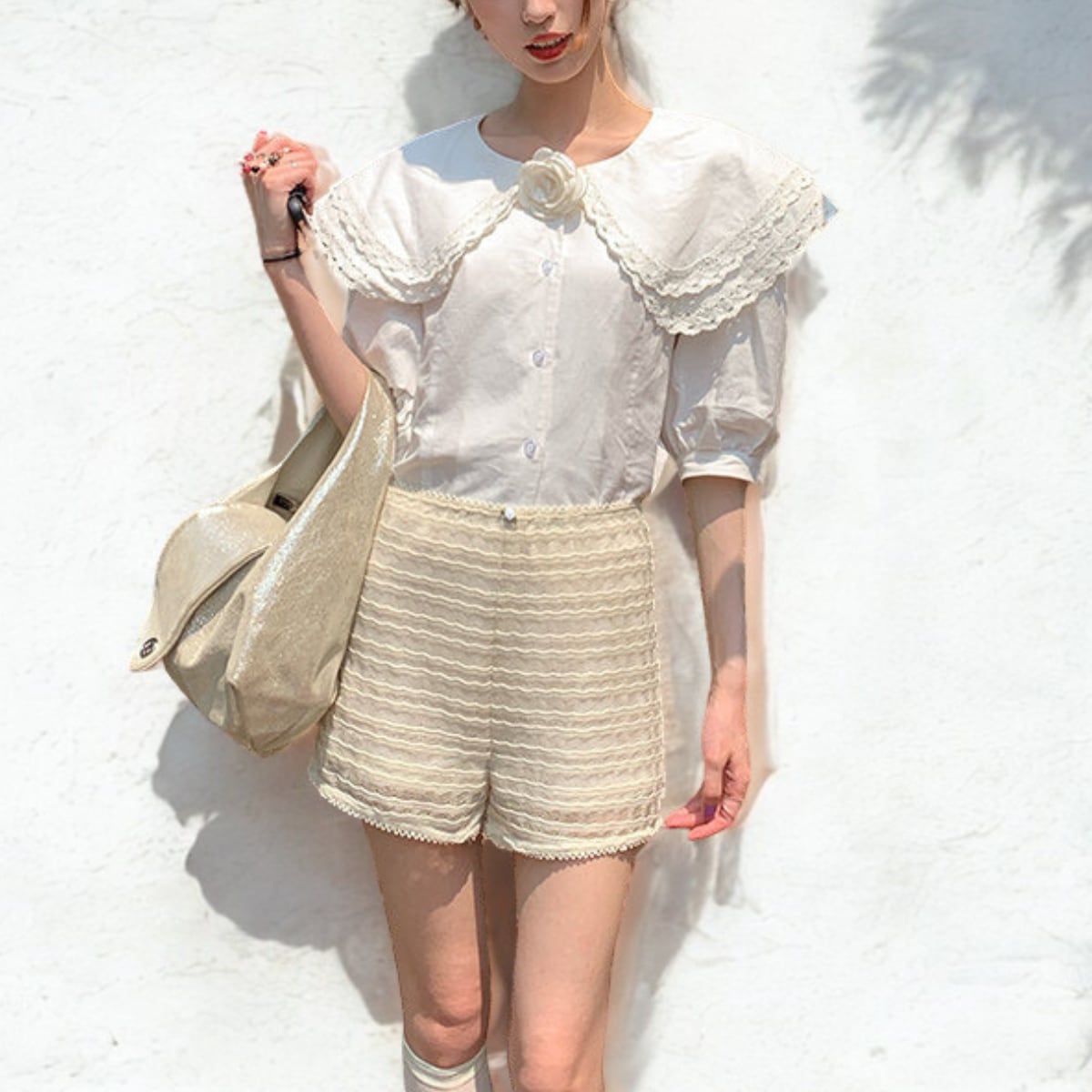 ローズコサージュ付き ダブルレースビッグカラーブラウス ch0572