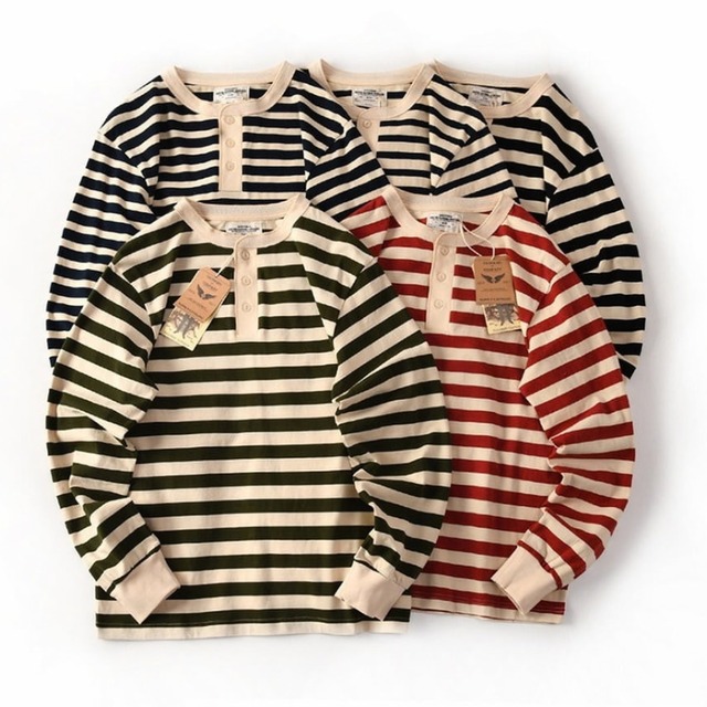 カラーストライプ模様 ヘンリーネック ロングＴシャツ　5色　L0204