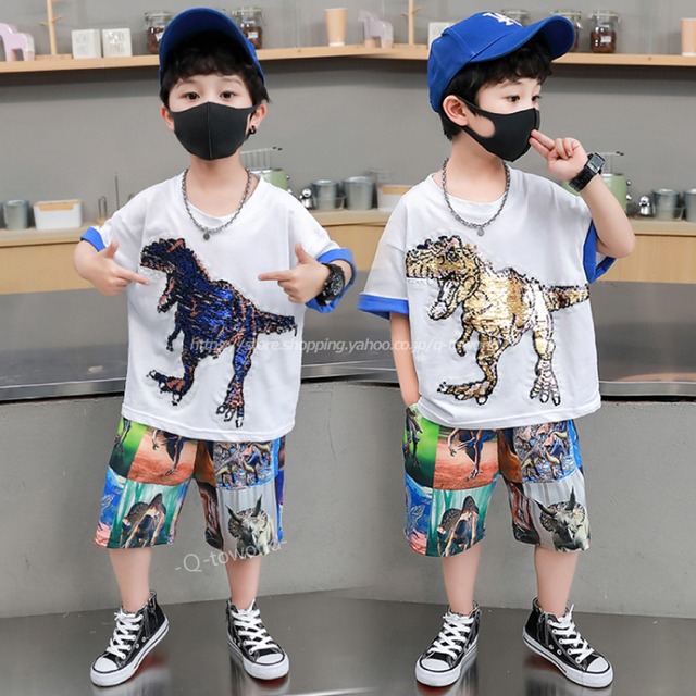 【90㎝-150㎝】恐竜　スパンコール　セットアップ　半袖　2点セット　カジュアル　男の子　子供服 人気　韓国版　キュート　オシャレ　可愛い