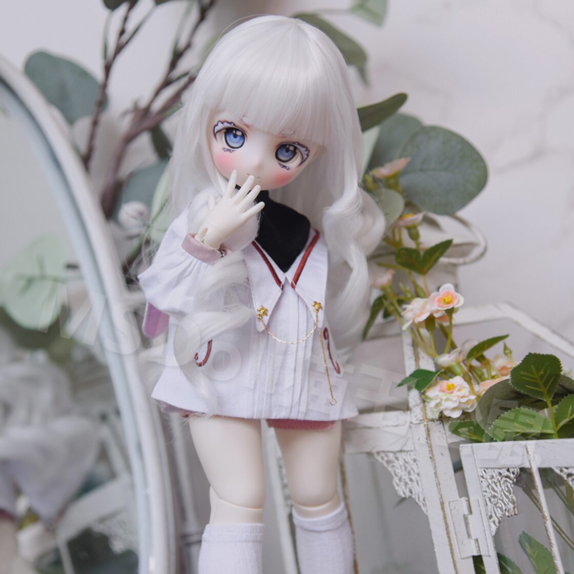 BJD ドール用 ウィッグ ロングパーマ ブラウン ホワイト パープル MSD 