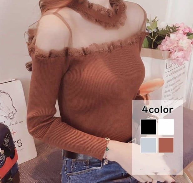 肩レース ニットセーター オフショルダー シースルー