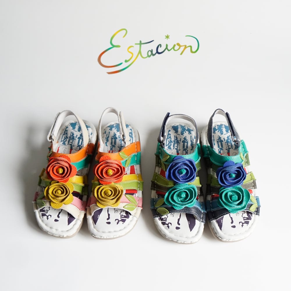Estacion エスタシオン 立体フラワーモチーフ本革ストラップサンダル