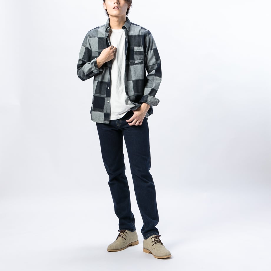 【美品】アルベロベロ　シャツ　パッチワーク　ぶたさん　ネイビー 美品】アルベロベロ シャツ パッチワーク ぶたさん ネイビー