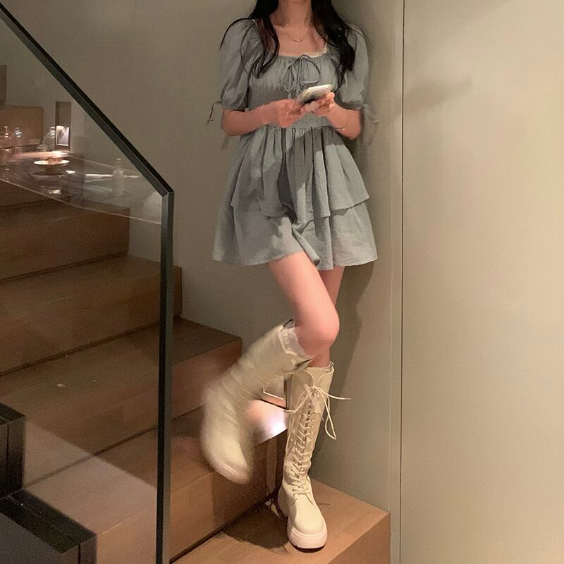 スリムショートスリーブスカート サマーウェストドレス 夏物 スクウェア モンロー31476385631