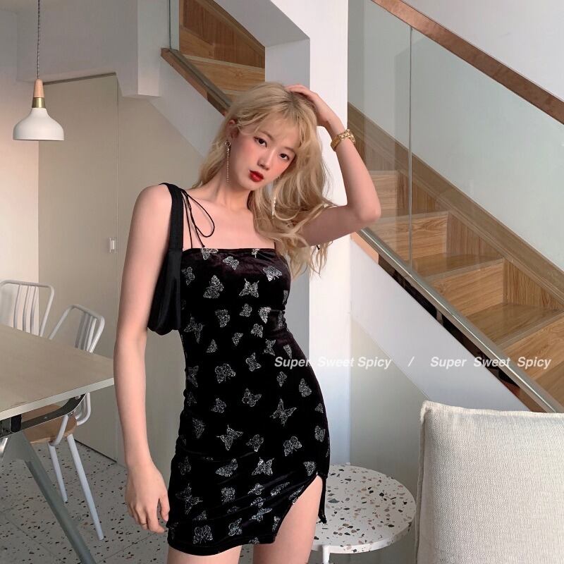 Butterflyデザイン スタンダードドレス サマーブラックショートスカート レトロ 夏物 ブラックストロベリース1592293728