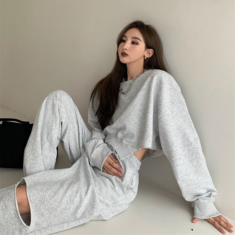 グレーオータムレディースルーズラウンドネックブラウス ワイドレッグパンツ ロング 秋物 Oネック ワイドパンツ YY-ファッション91327273683