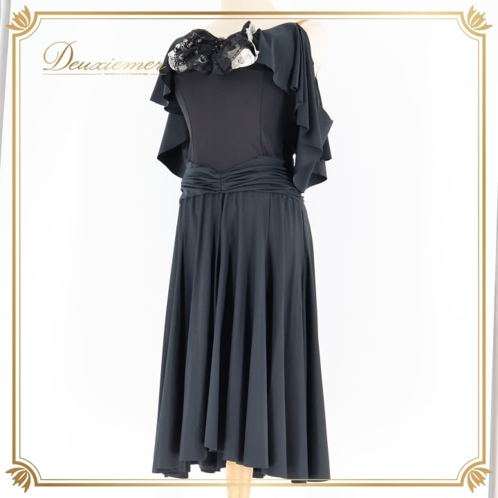 【美品 社交ダンス衣装】ブラック ICHIOKU ワンピース ドレス 黒 フリル 社交ダンス 衣装 スタンダード トップス レッスンウェア 練習着 ダンス