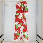 フラダンス 衣装 ツーピース セットアップ 上下セット タリーズポリネシア レッド系 TALI’S POLYNESIA ハワイ製 ワンショルダー スリット レース 七分袖 ティアレ柄 かわいい 華やか 鮮やか 赤 緑 白 ハワイアン アロハ ダンス レッスン