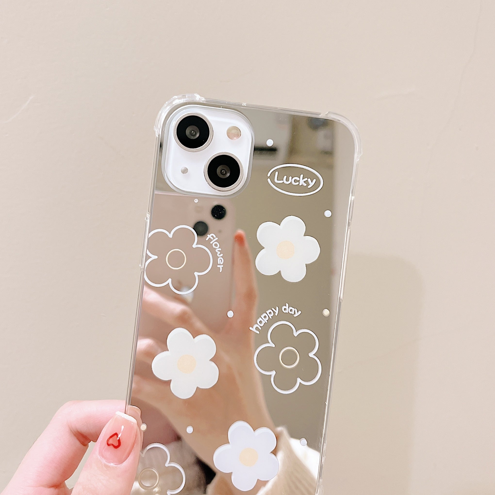人気の鏡面仕上げ◎フラワー柄 新型 iPhone14 対応 Lucky 背面ミラー