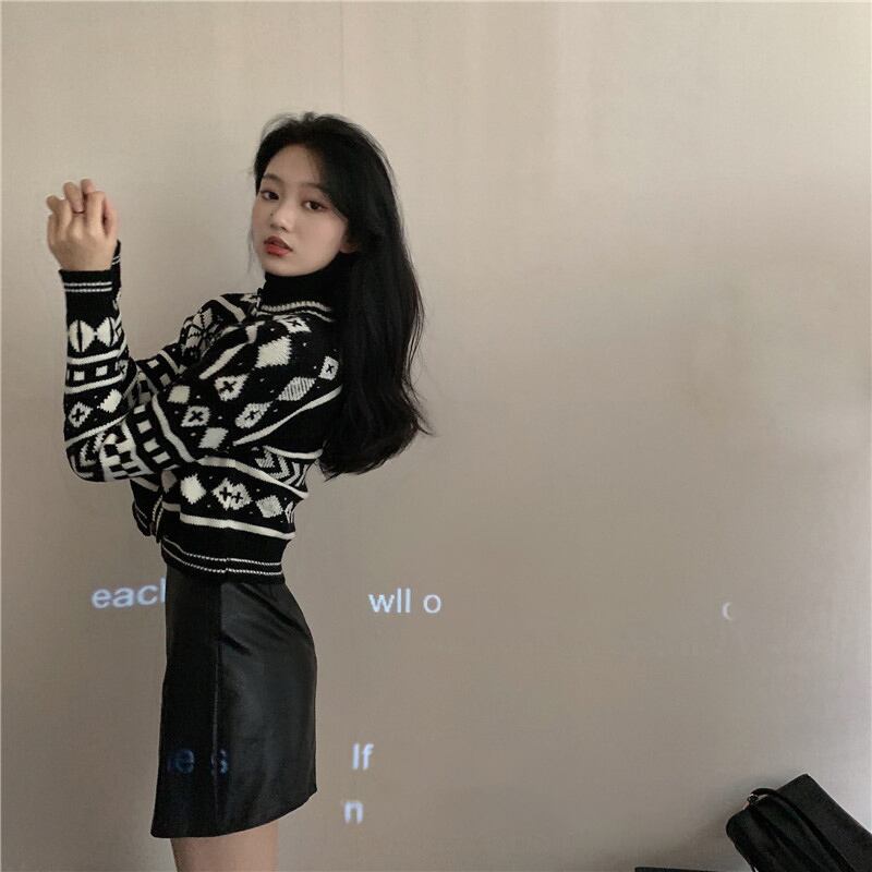 レトロジャカードショートニットカーディガンレディース秋ニュースタイルブラックルーズレイジー長袖セーターコート ブラックストロベリース39910613558