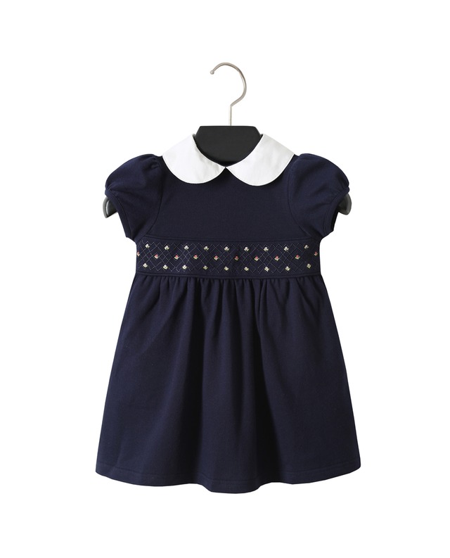 即納】定番 ネイビー 花刺繍 鹿の子 ワンピース 80 90 95 100 120  