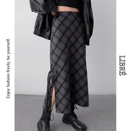 checked side slit long skirt　L0630