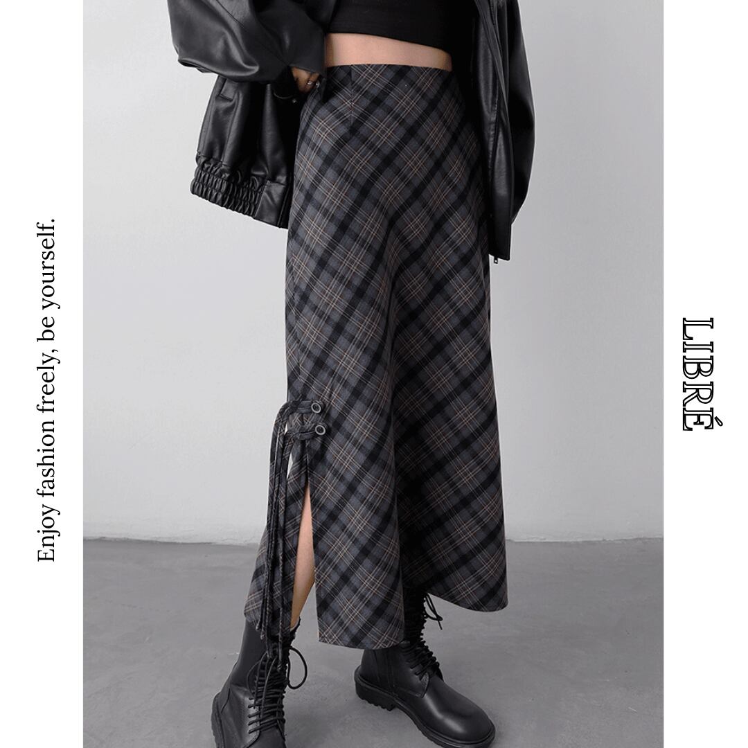 checked side slit long skirt L0630