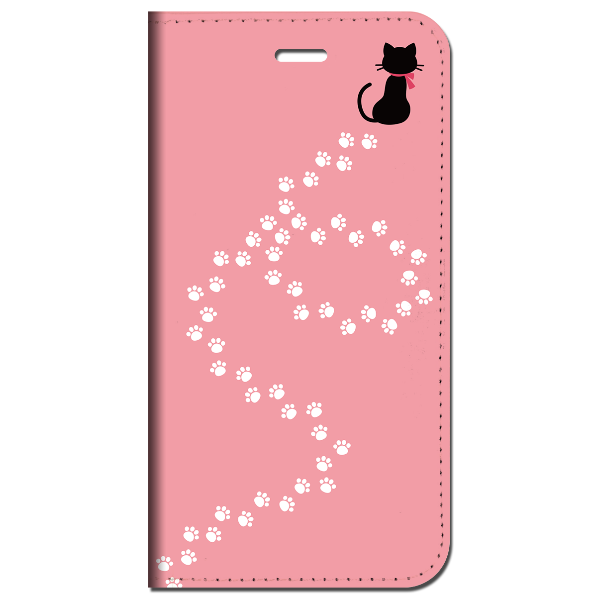 iPhone対応 スマホ 手帳型ケース 黒ネコと足跡-ピンクB ポップ イラスト猫 【iPhone17 / iPhone16 / iPhone16e / iPhoneSE 他 iPhone各機種対応】 st47