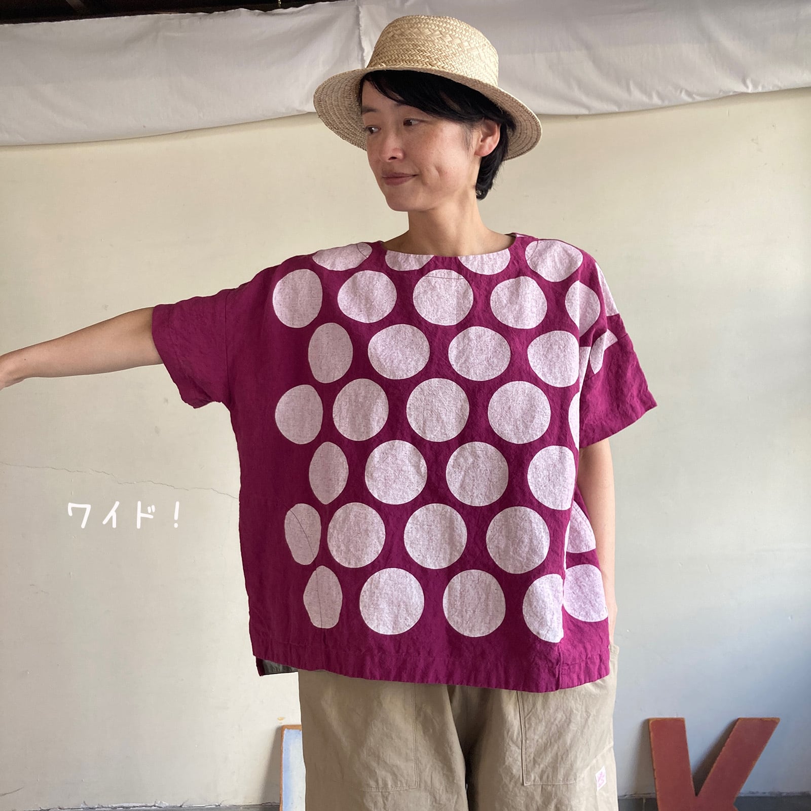水玉半袖Tシャツ Girl'sベルギーリネン大きな水玉 61S18 サイズ F | 快晴堂