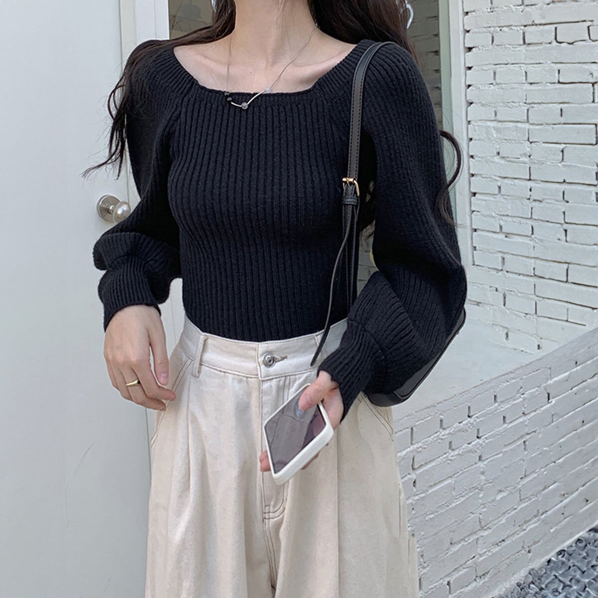 リブニット セーター スクエアネック レディース 秋冬 韓国 きれいめ 大人 かわいい カジュアル おしゃれ ゆったり 暖かい ニット 長袖 ぽわん袖 大人可愛い 大人女子