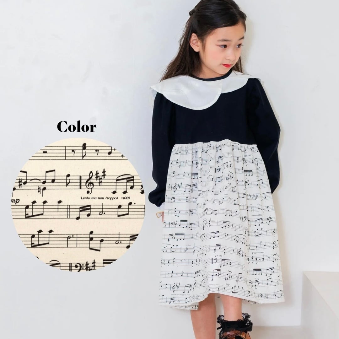 Girls ピアノ柄のワンピース/発表会、音楽会に/お出かけに/楽譜調