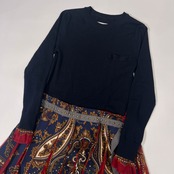 sacai サカイ ペイズリー柄スカーフ ニット切替 カットソードレス 2/ネイビー/12-01685