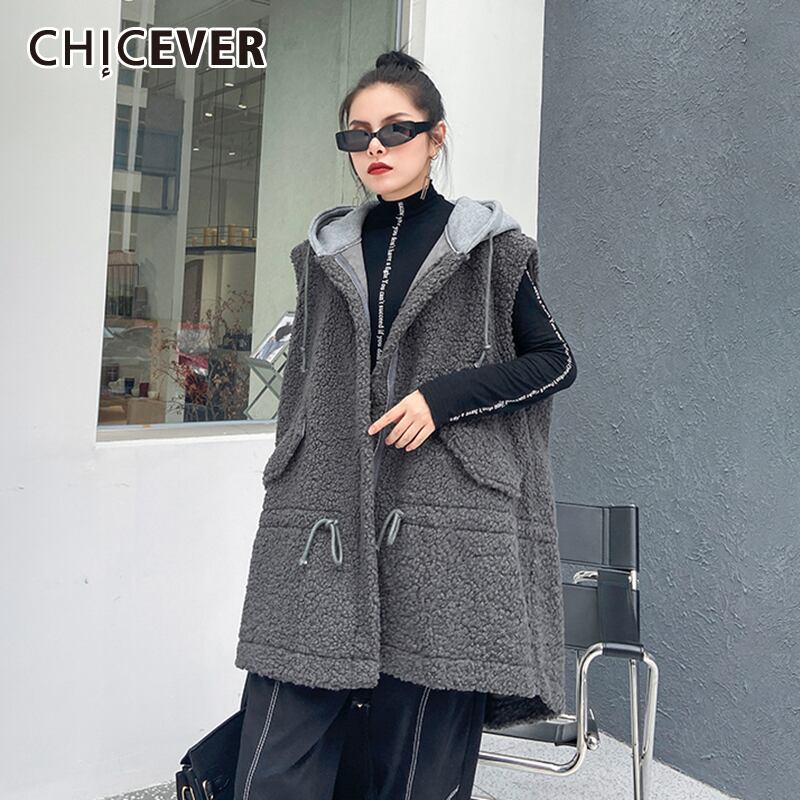 CHICEVERオーバーサイズコート女性フード付きカラーノースリーブパッチワークラムウールレースアップルーズストリートコート2020タイド 6base56285392785