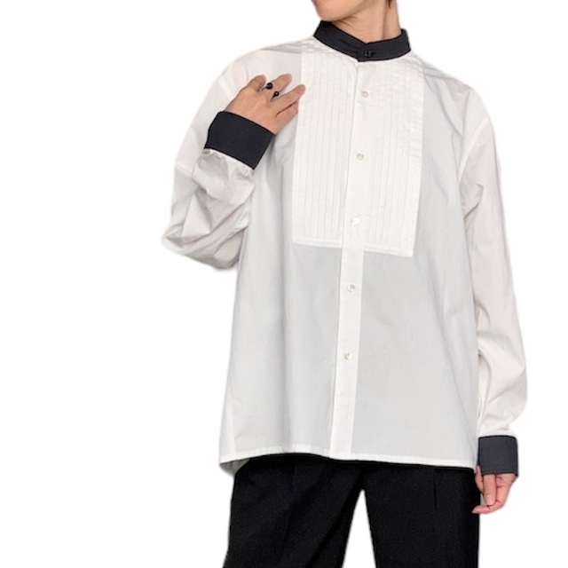 ZOZOTTE  remake unisex oversize shirt typeA / リメイクユニセックスオーバーサイズシャツ/ ホワイト＆ブラック柄／ブルーグレー