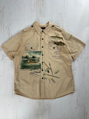 2000’s ポロ ラルフローレン XXL 半袖 サファリ フィッシングプリントシャツ ベージュ コットン #F972