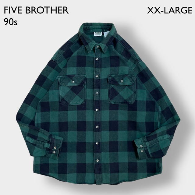 FIVE BROTHER 90s ネルシャツ ヘビーネル フランネルシャツ 長袖 ブロックチェック カジュアルシャツ フラップポケット 2XLT ビッグサイズ ファイブブラザー ヴィンテージ  US古着