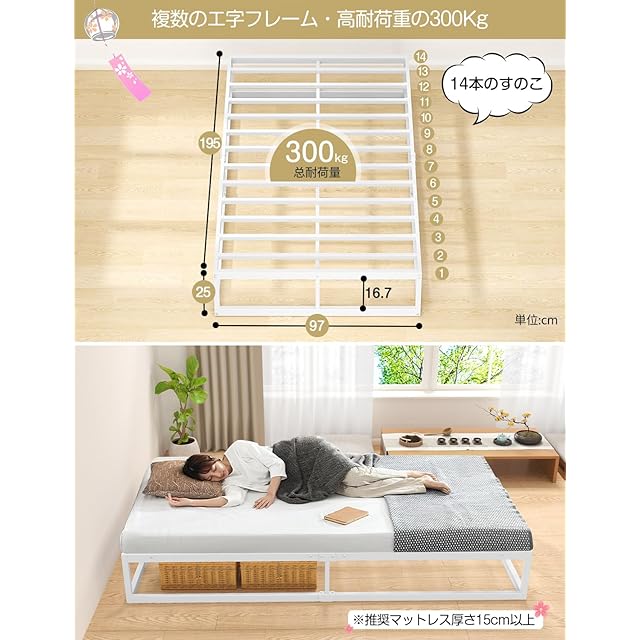 耐荷重300kg]ベッドフレーム セミダブル 白 Holdm パイプベッド
